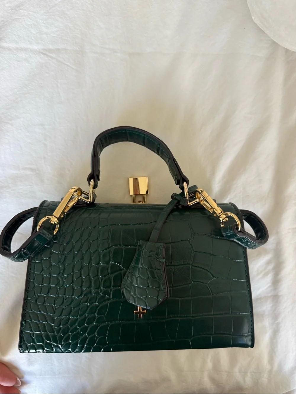 Princess Polly Dark Green Croc-Embossed Top Handle Bag with Gold Lock